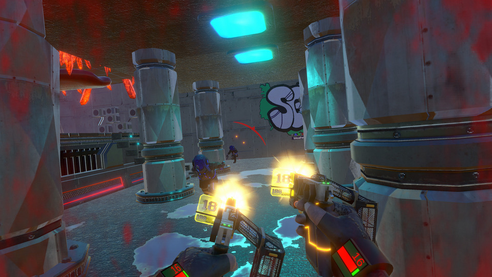 UNKIND VR FPS – in-game screenshot showing cyberpunk combat arena